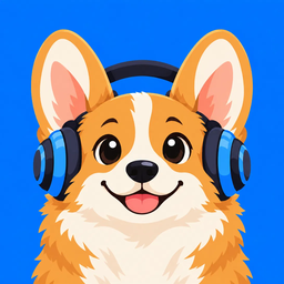 Churro, the Suena corgi, wearing blue headphones